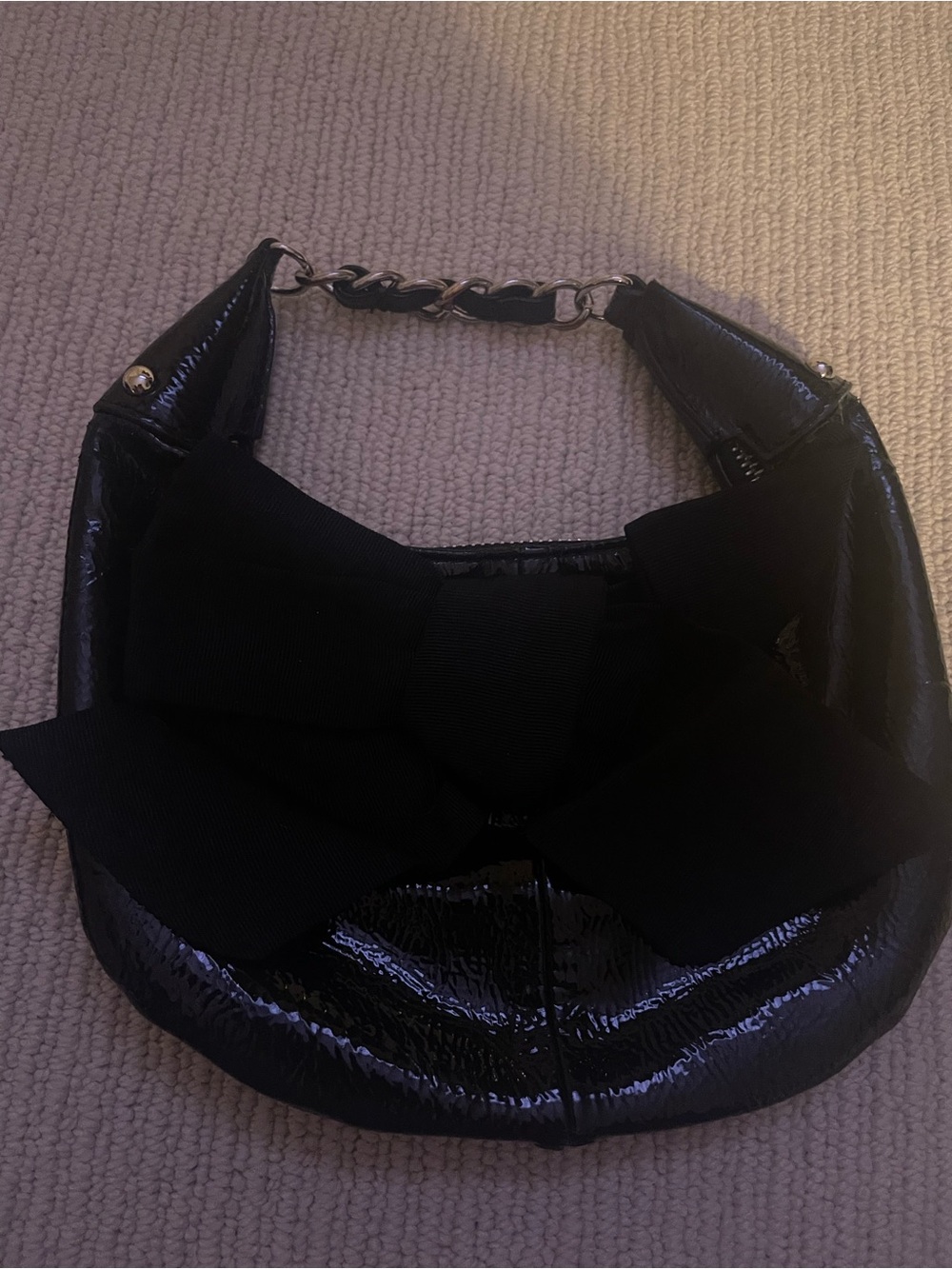 Vintage handbag Black Patent Shoulder Bag with Bow Accent c21